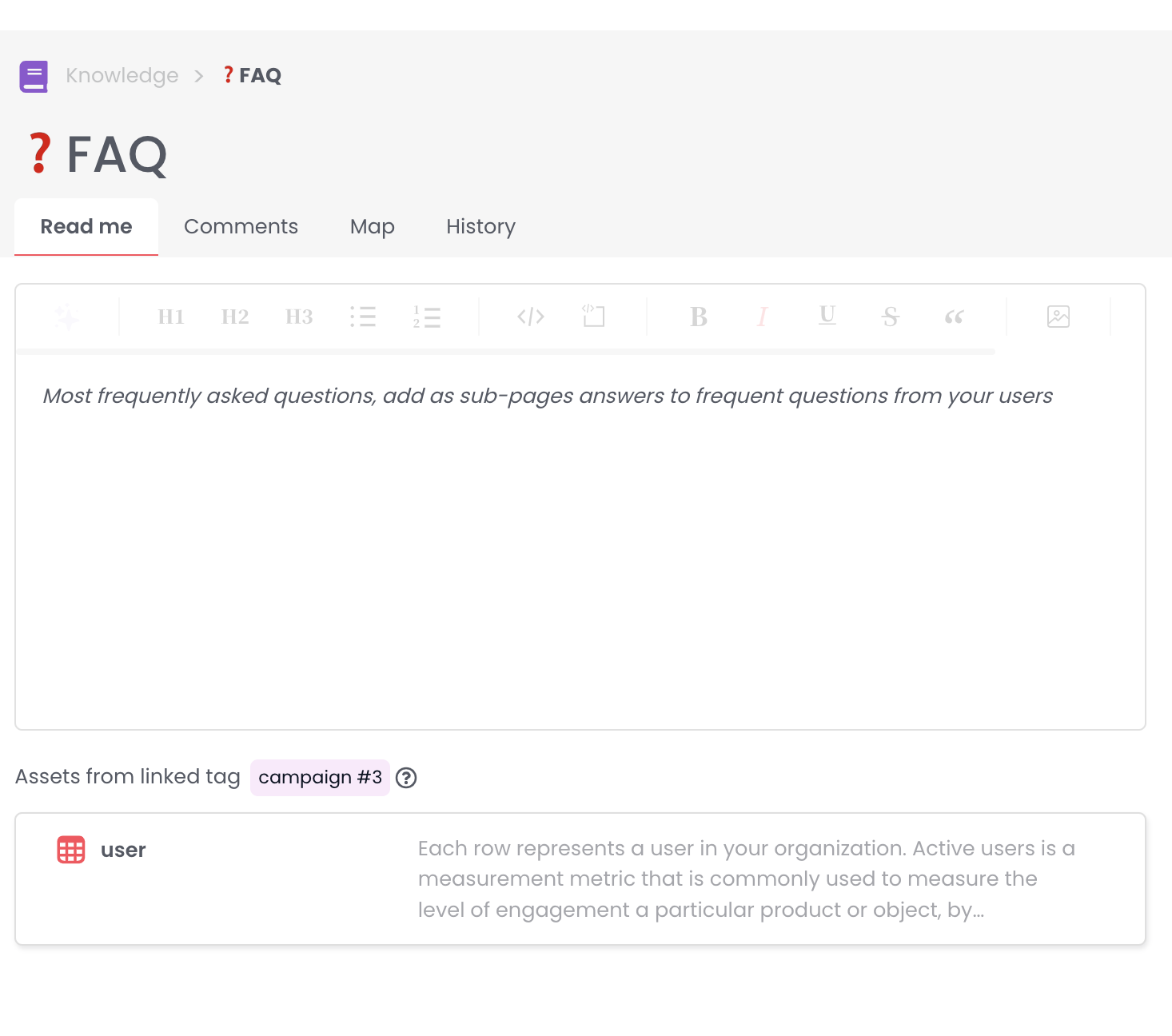 FAQ page interface with tabs for Read me, Comments, Map, and History. A text editor and linked asset labeled user are visible.